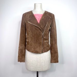 Mango MNG Brown Suede Leather Zip-Up Cropped Moto Biker Jacket XXS